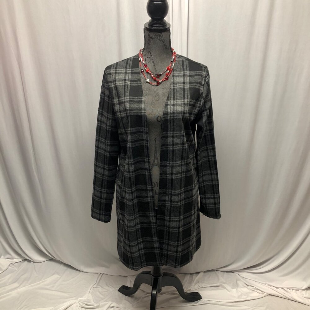 Plaid Open Front Long Sleeve Cardigan Womens Size Large Black Gray Layering NEW